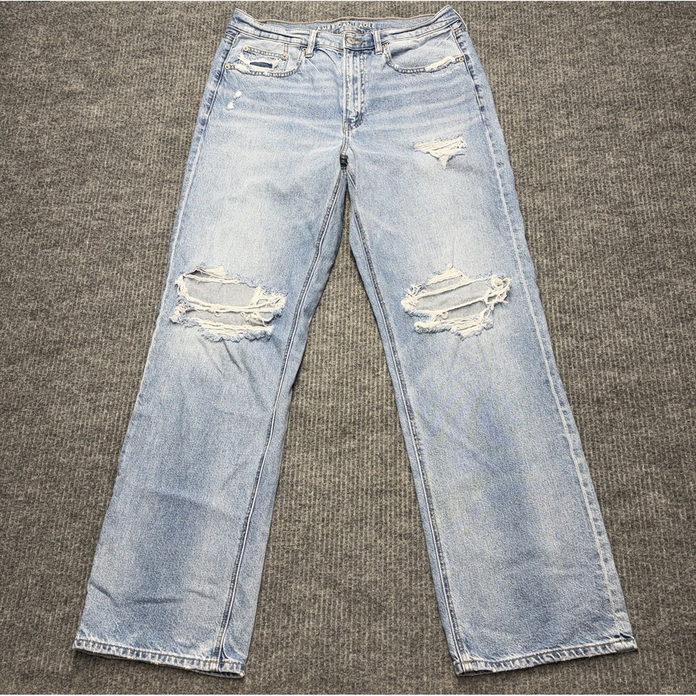 American Eagle Outfitters Low-Rise Baggy Straight Jeans Women 12 Blue Distressed